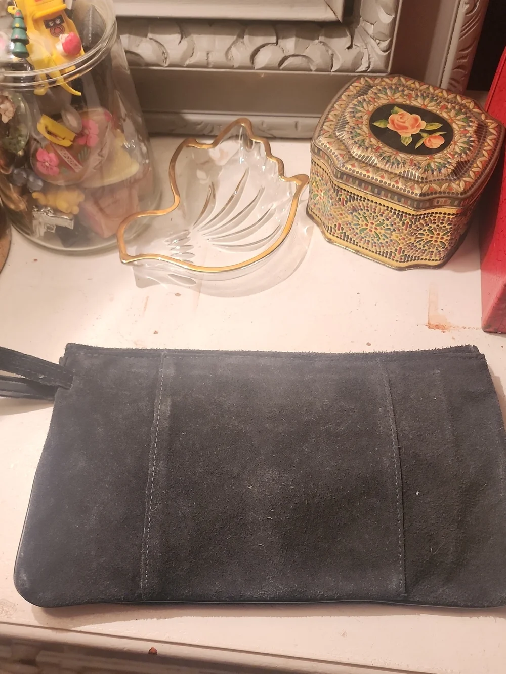 Black Suede Wristlet Clutch with Woven Detail
